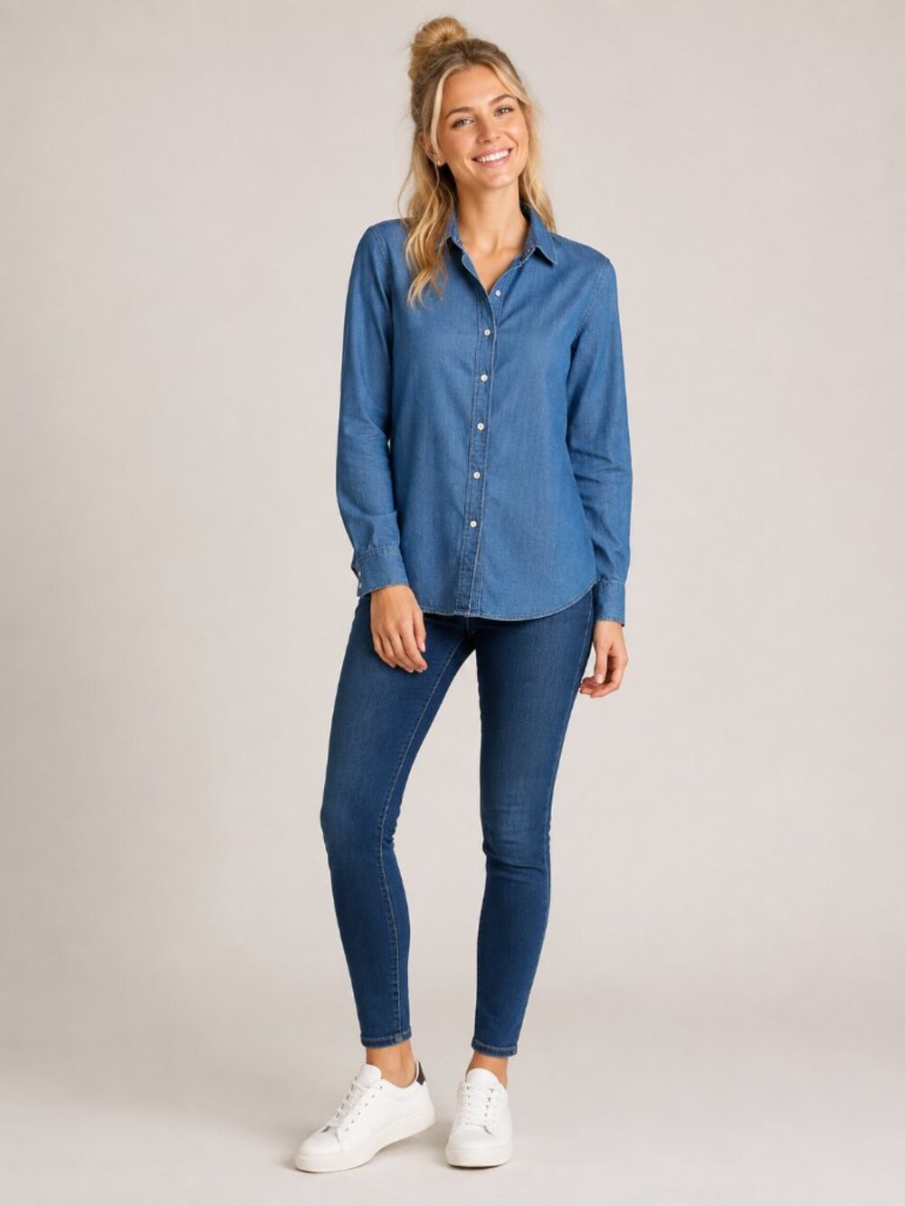 2/$30 a.moon Long Sleeve Denim Button-Down Shirt Small #A0234 TRB2